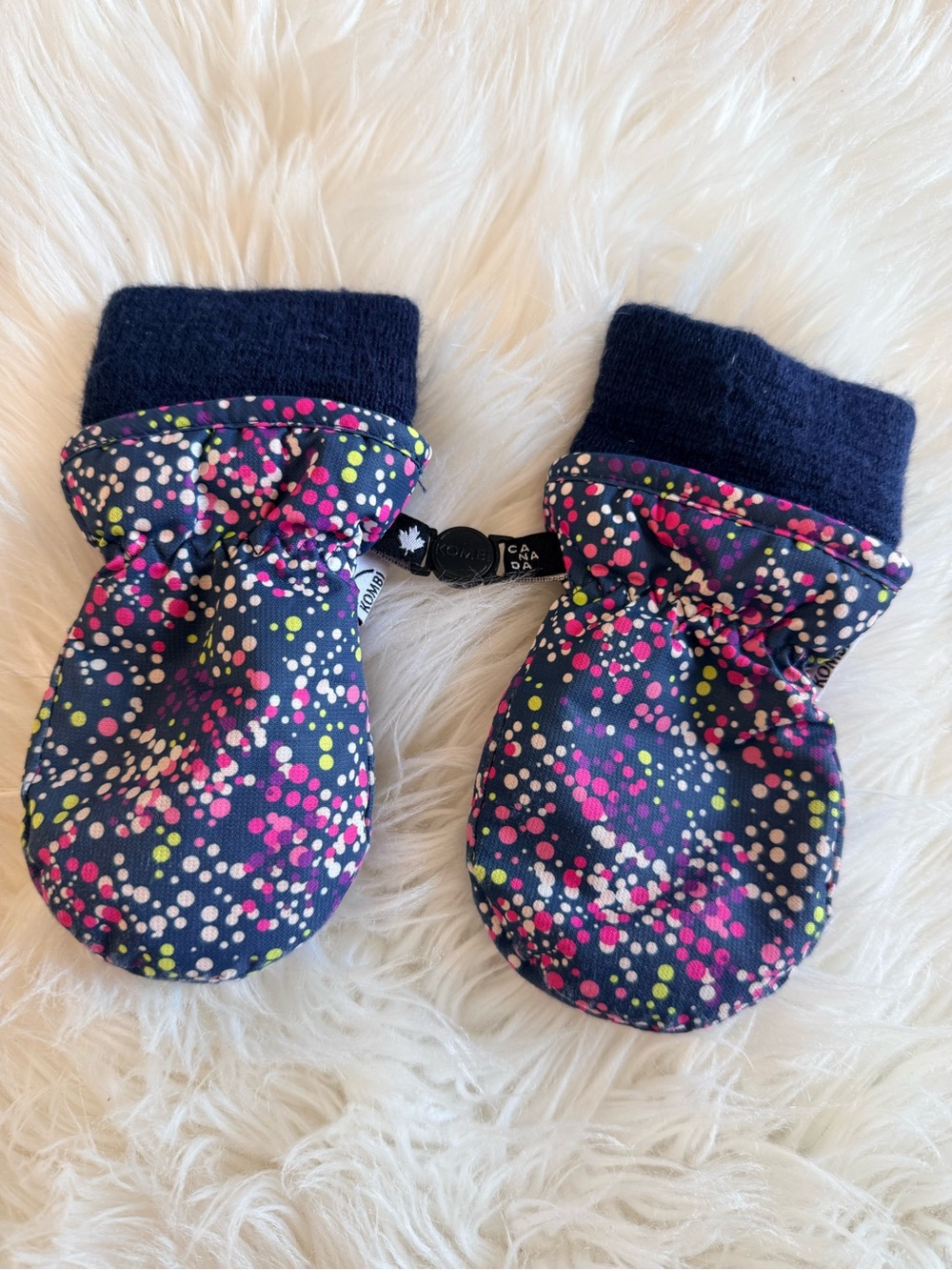 💫10/$25 • Kombi Navy Dot Print Mittens with Pink & Lime Accents